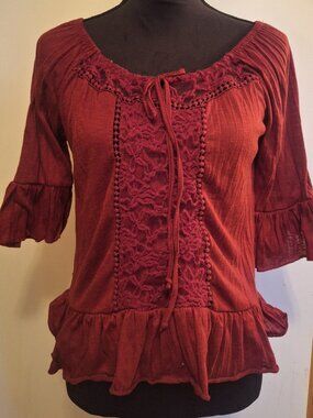 Maroon Embroidered Pleated Ruffled Blouse